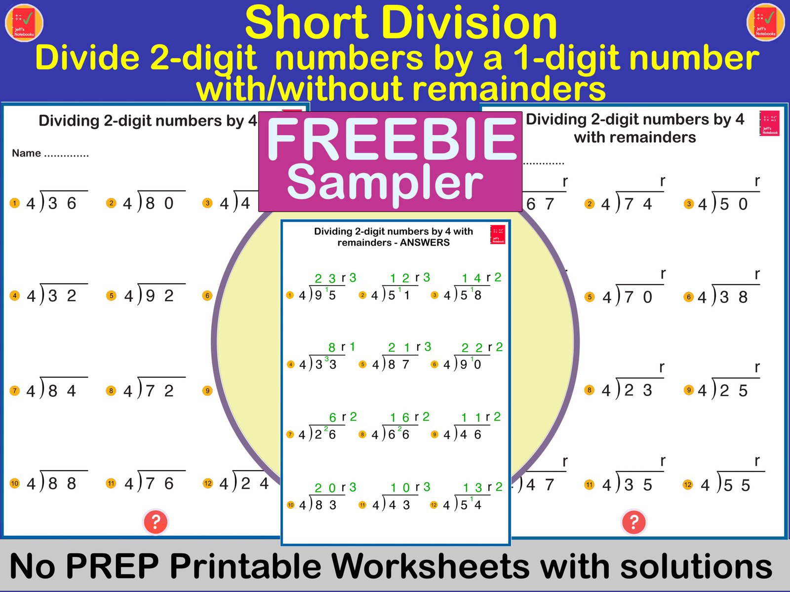 Short division worksheets dividing by 4