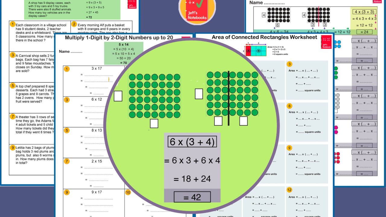 Distributive law multiplication worksheets with area models