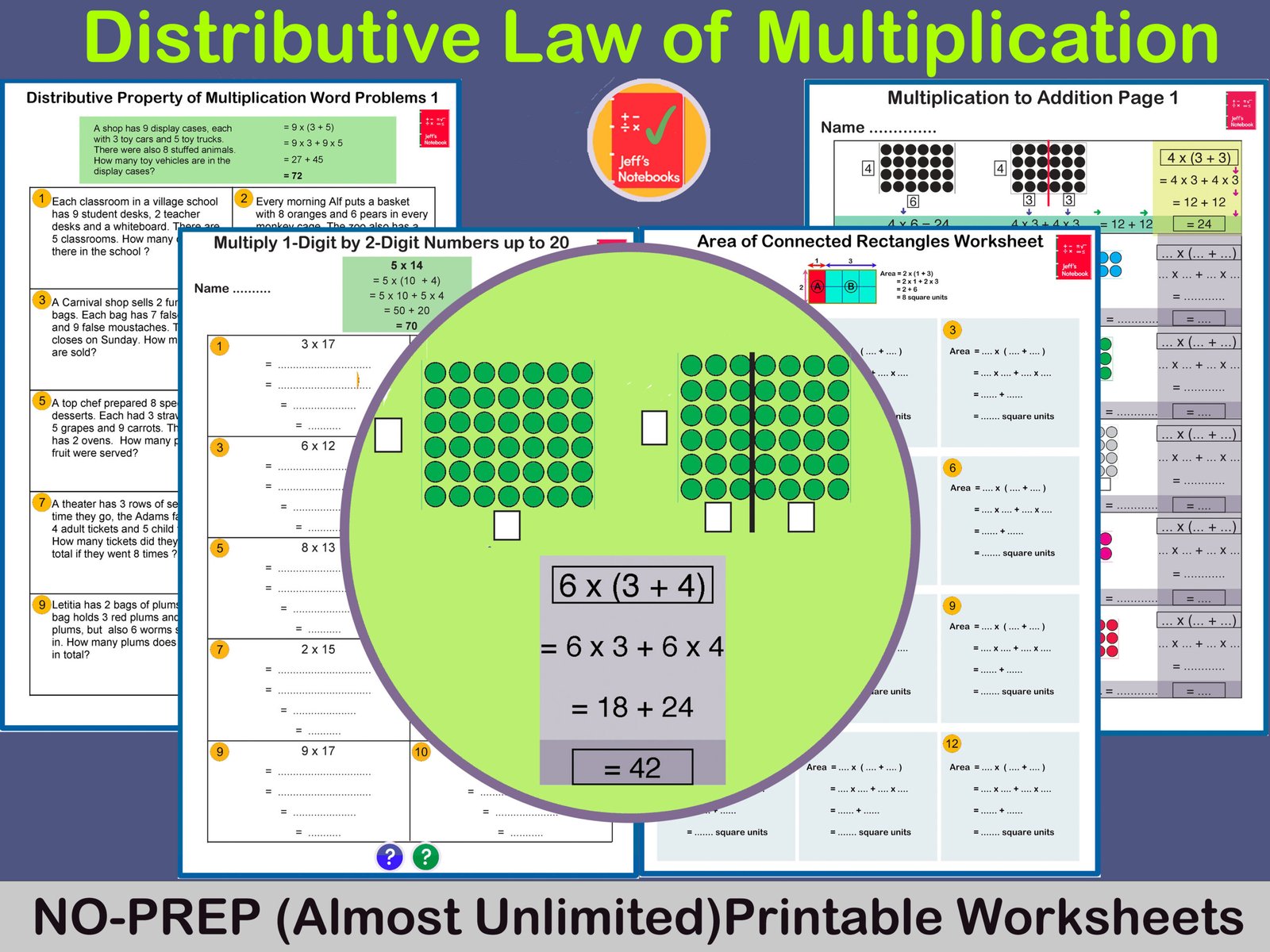 Distributive law multiplication worksheets with area models