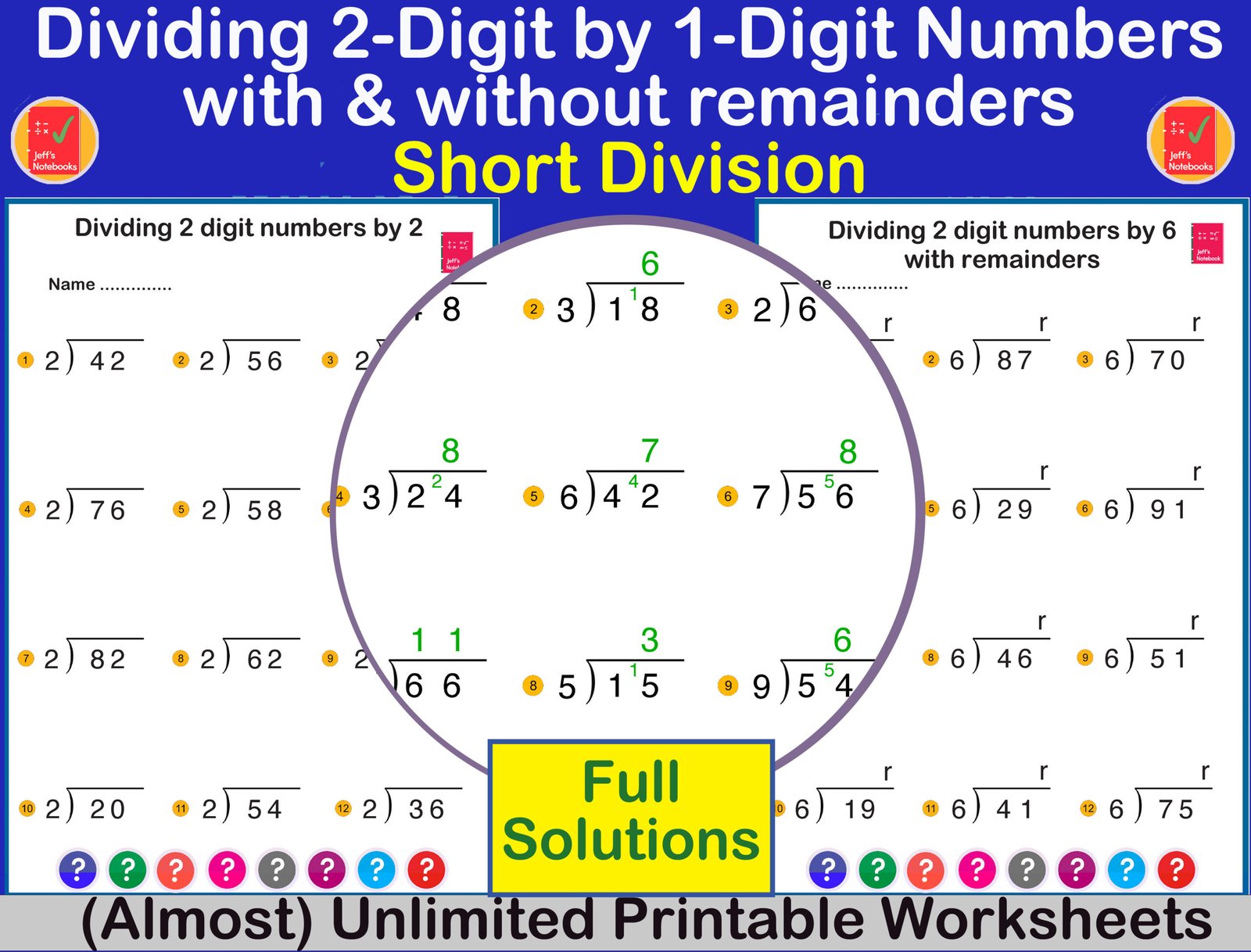 Short division worksheet with worked solutions