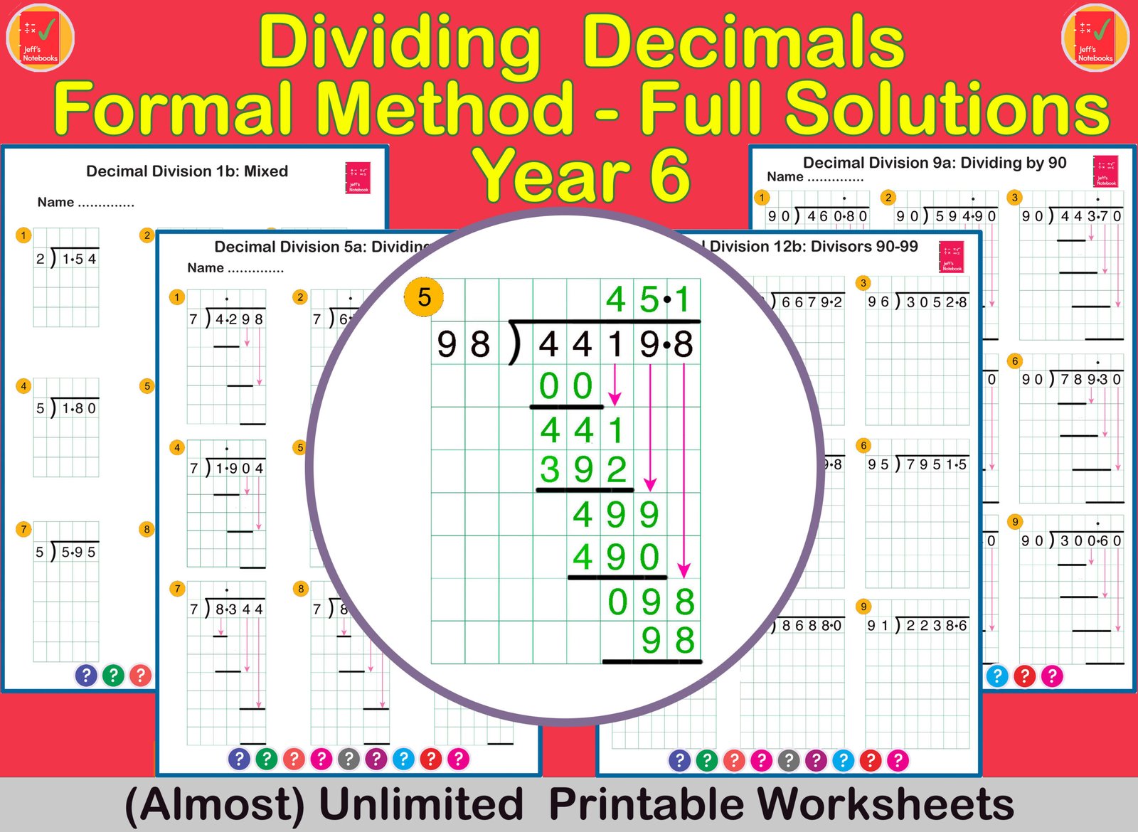 Year 6 dividing decimals worksheet examples