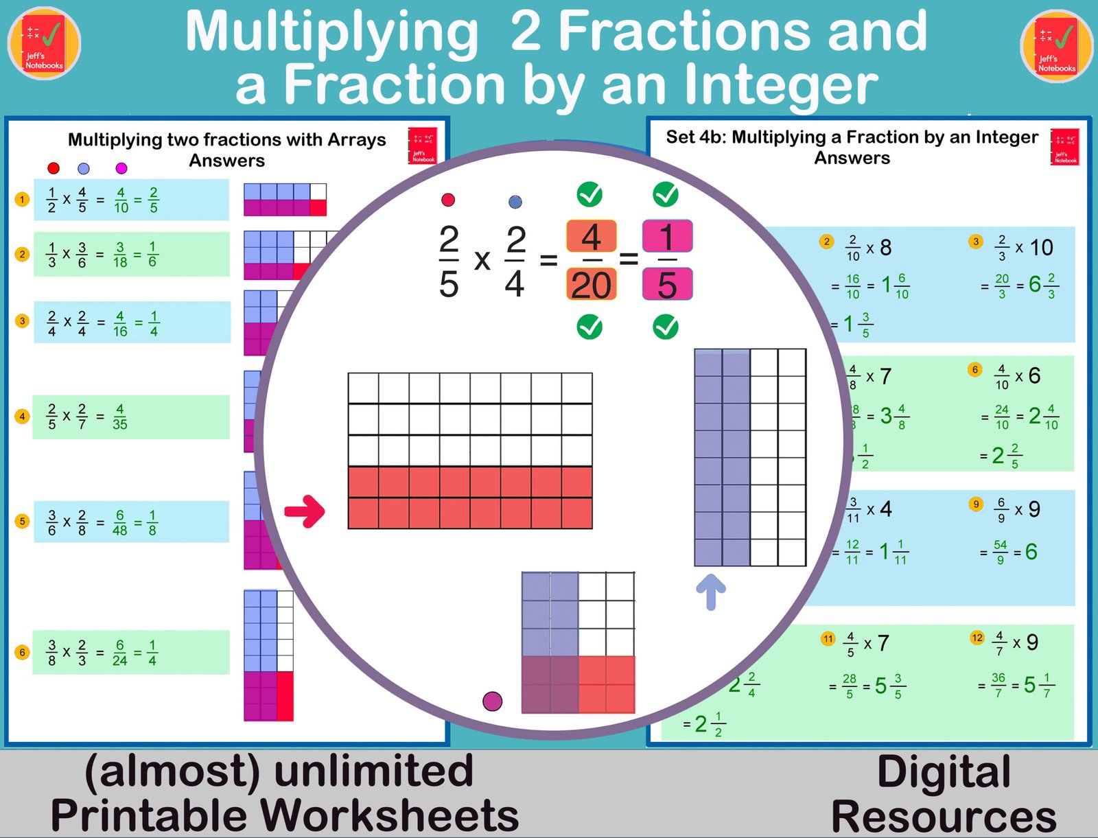 Worksheet on multiplying fractions with visual arrays