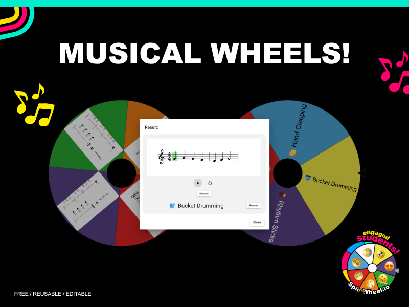 Colourful musical activity spinner wheels on black background