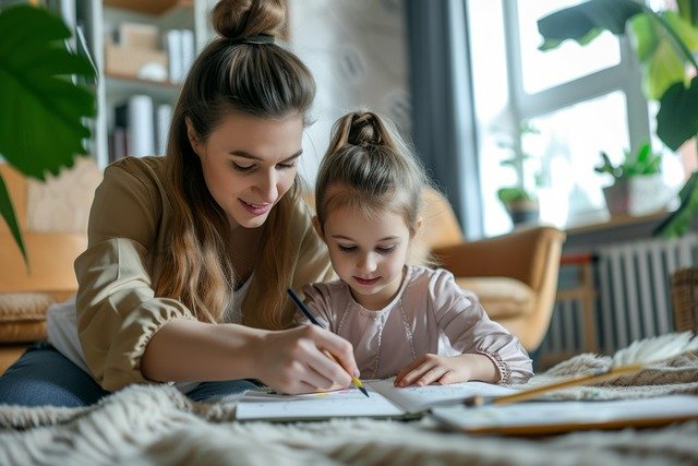 Mother and daughter drawing together at home