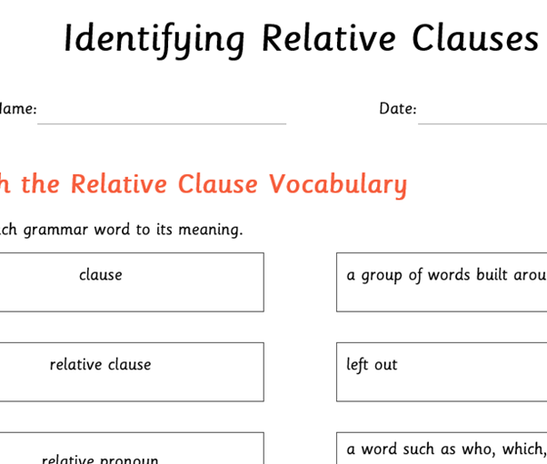 Worksheet titled Identifying Relative Clauses with vocabulary matching