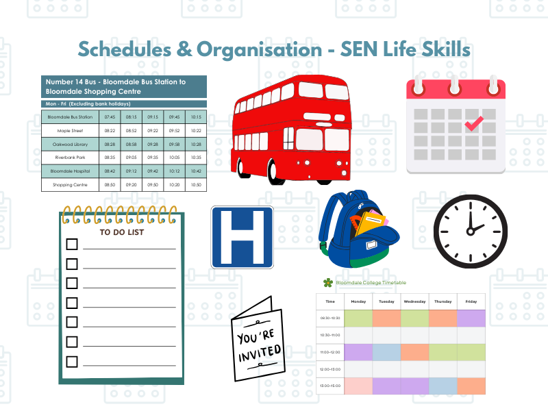 Schedules and organisation visual aids with bus and calendar