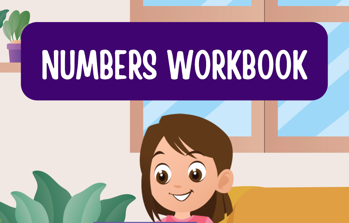 Cartoon girl reading Numbers Workbook indoors