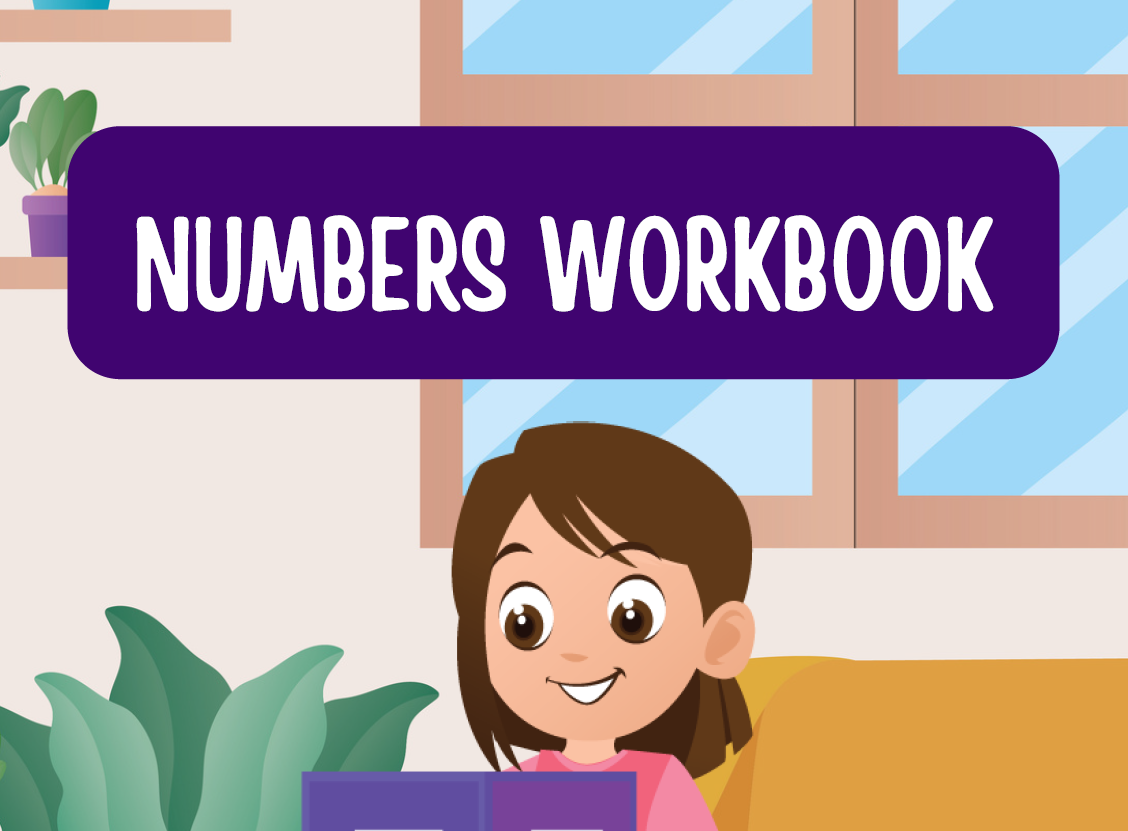 Cartoon girl reading Numbers Workbook indoors