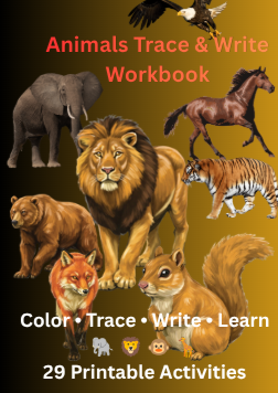 Animals Trace and Write Workbook cover with wildlife illustrations