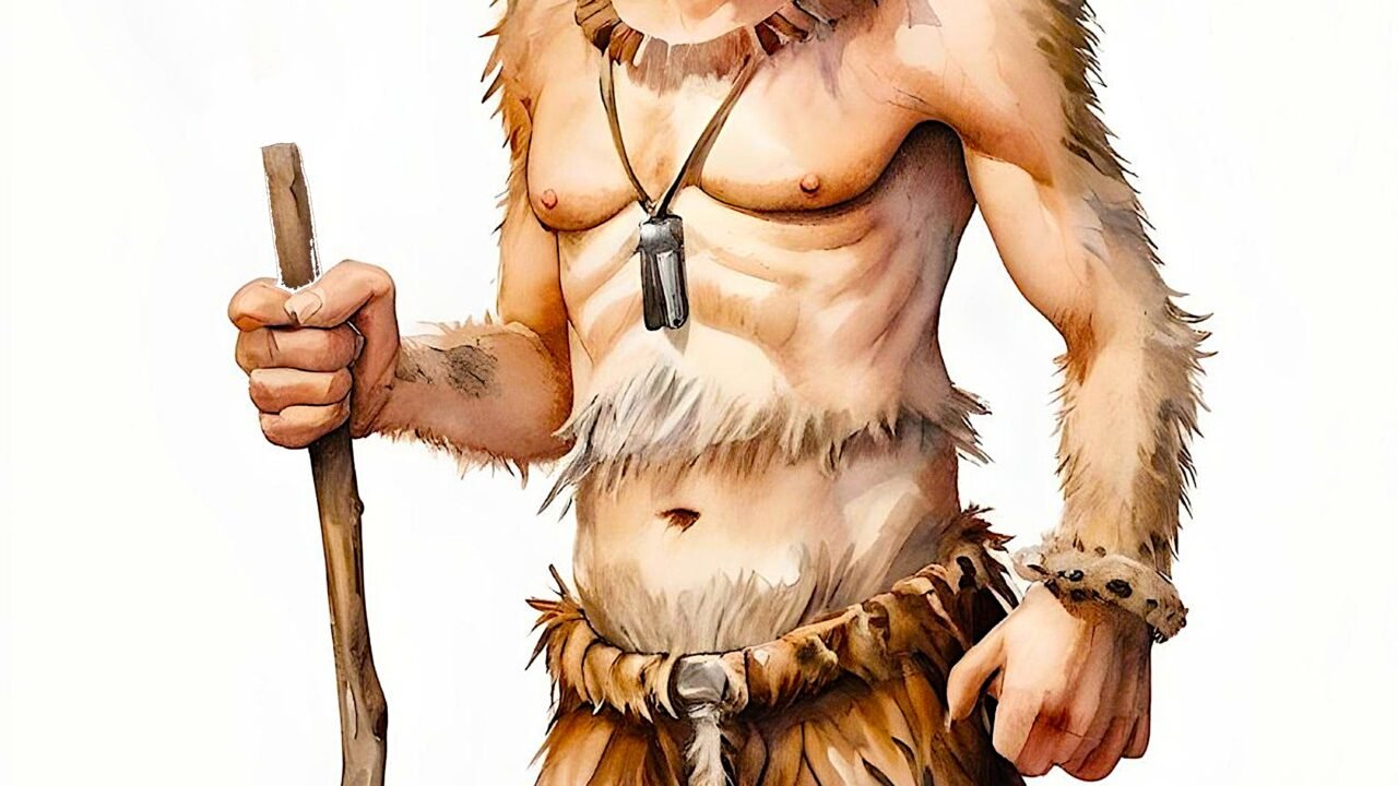 Smiling cartoon caveman holding wooden staff