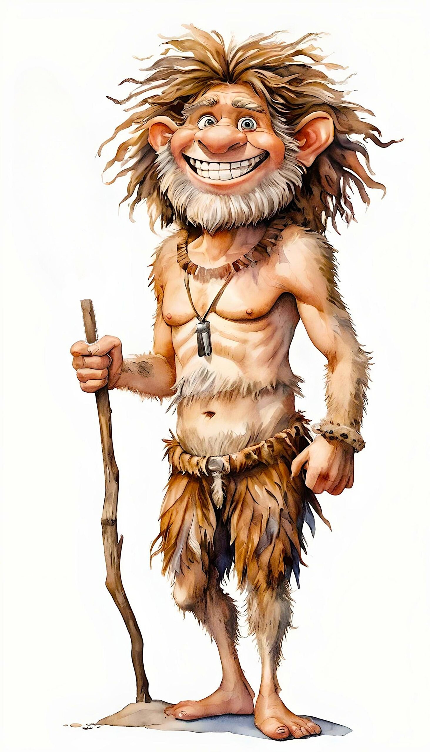 Smiling cartoon caveman holding wooden staff