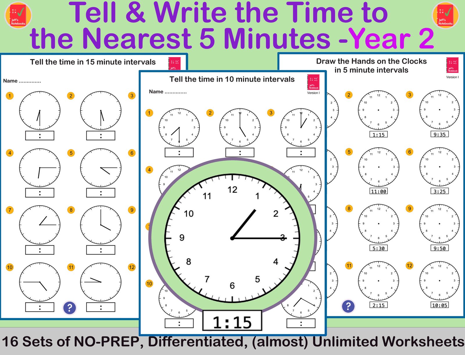 Year 2 time telling worksheets with clocks