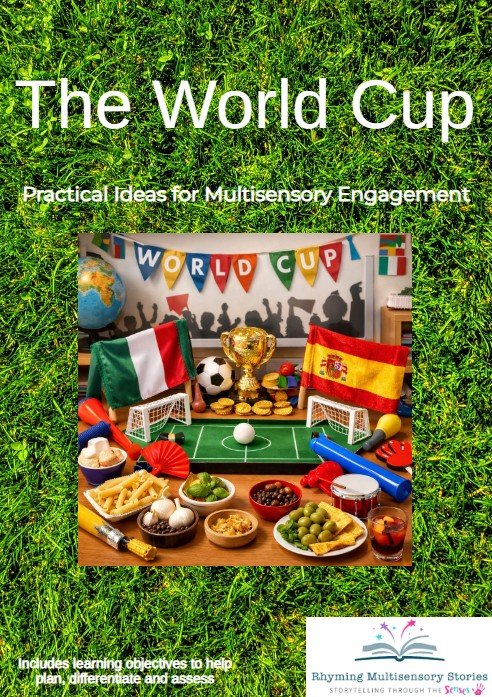 World Cup display with flags, trophy and food