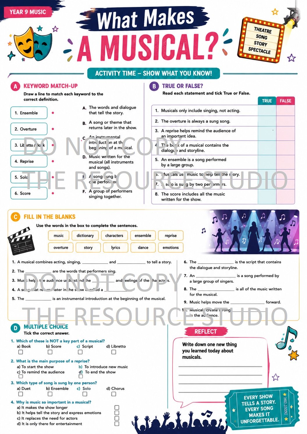 Year 9 worksheet titled What Makes a Musical