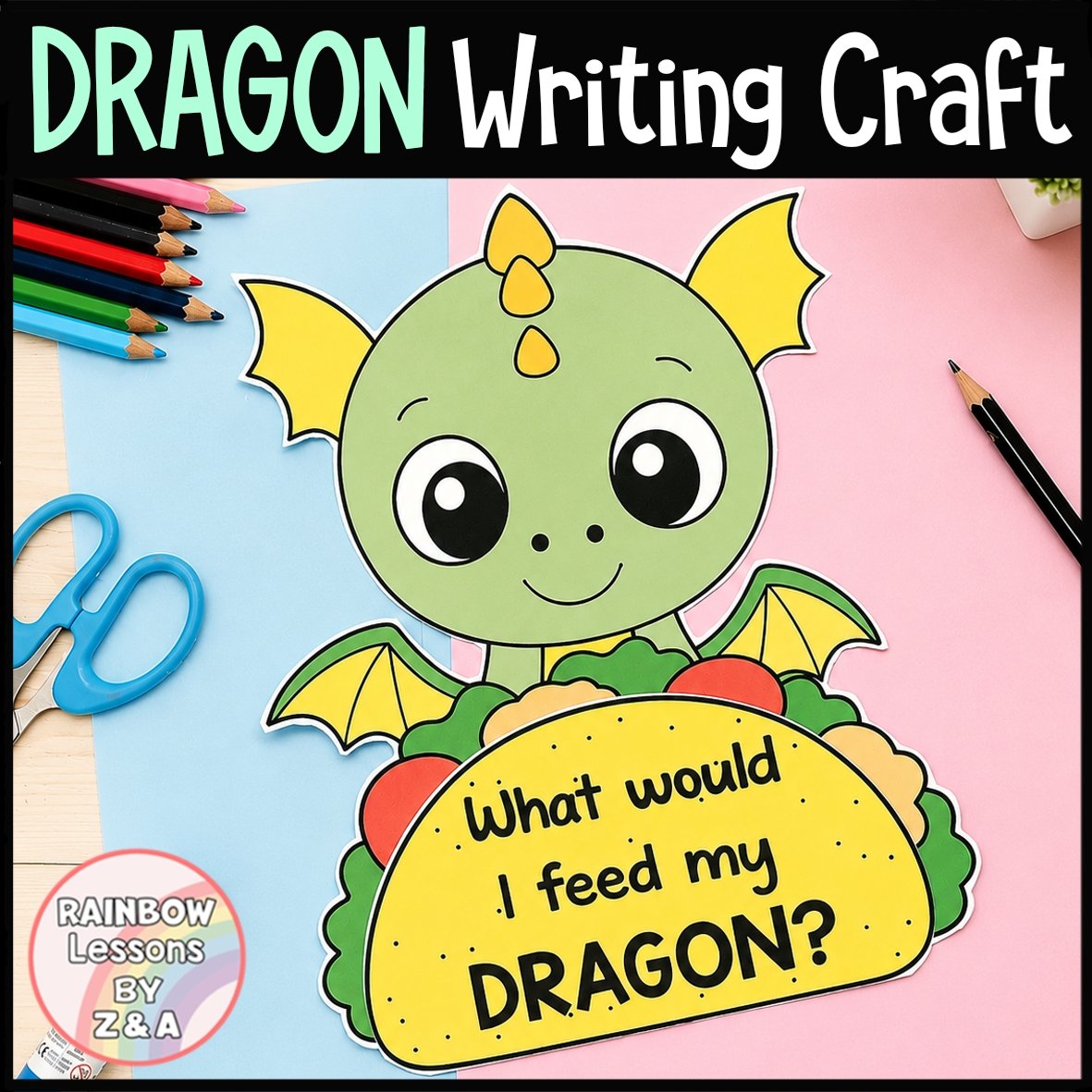 Cute dragon writing craft with colourful stationery