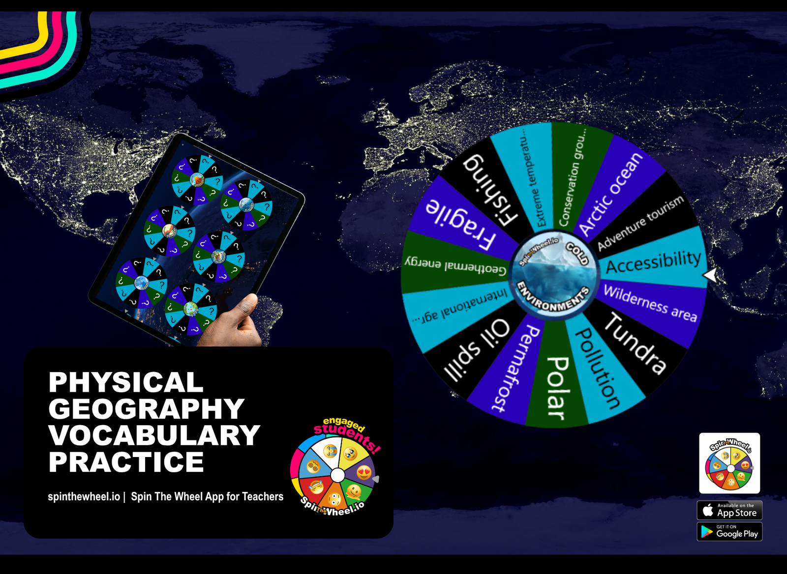 Physical geography vocabulary spin wheel on world map