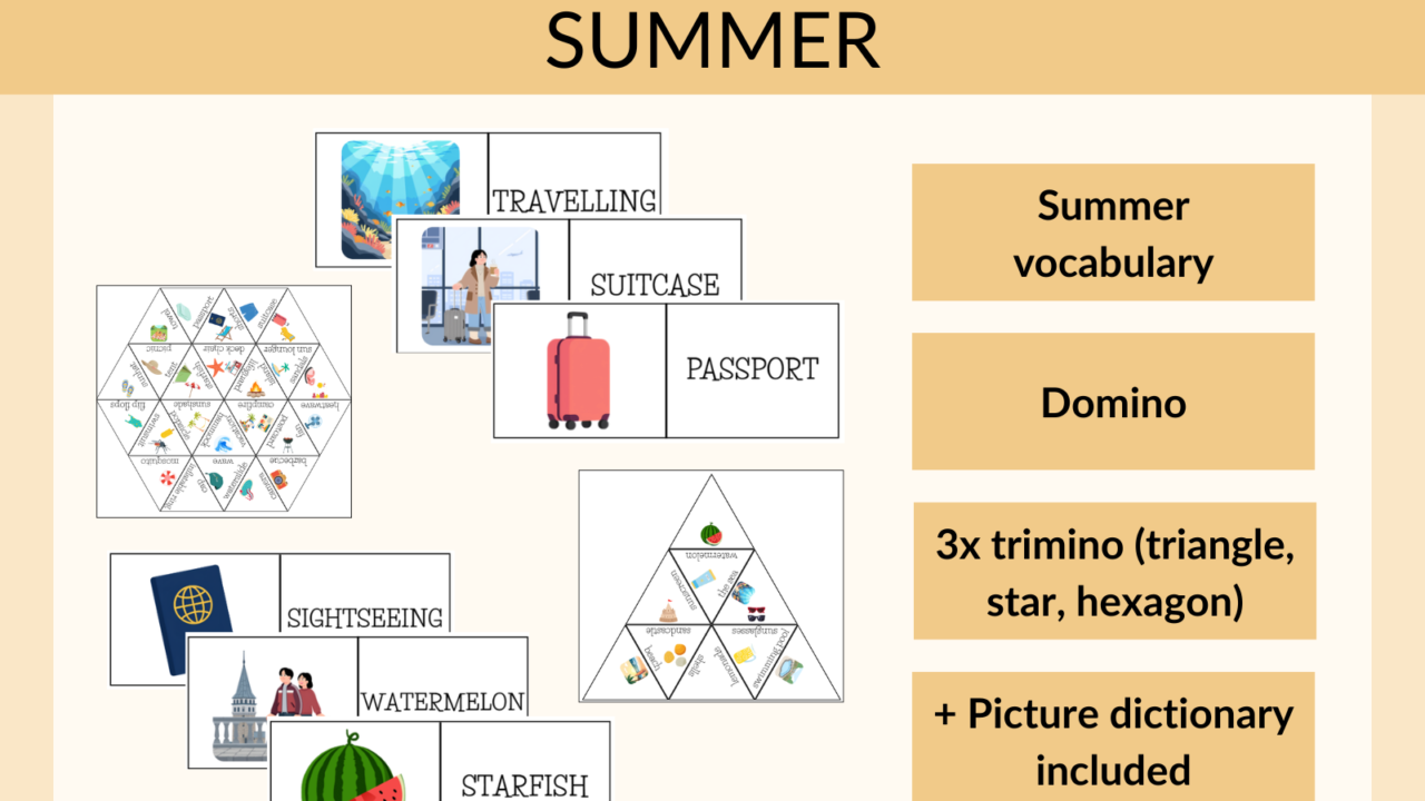 Summer domino and trimino vocabulary activity poster