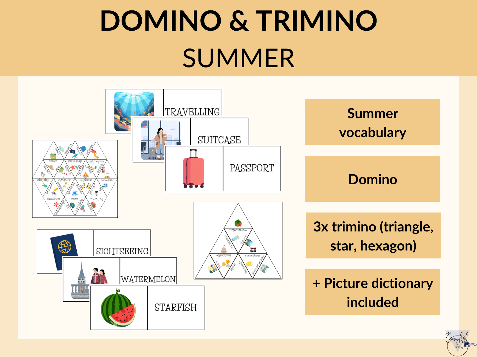 Summer domino and trimino vocabulary activity poster