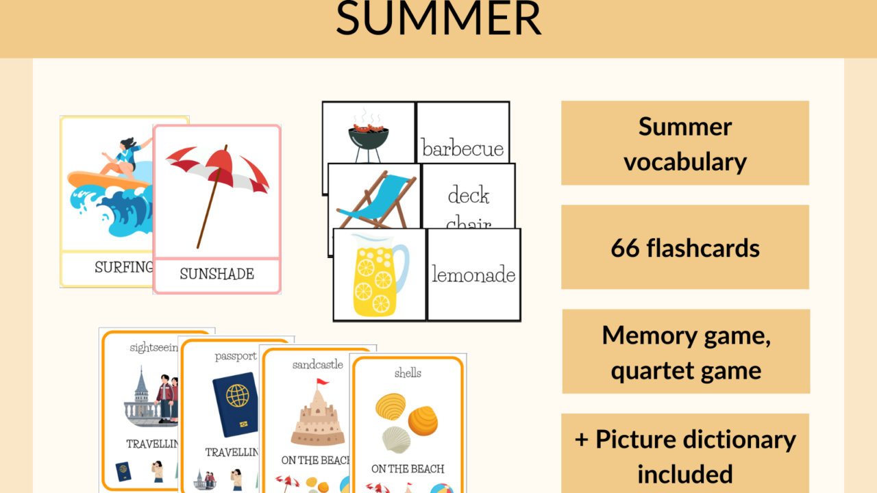 Summer vocabulary flashcards and memory game set