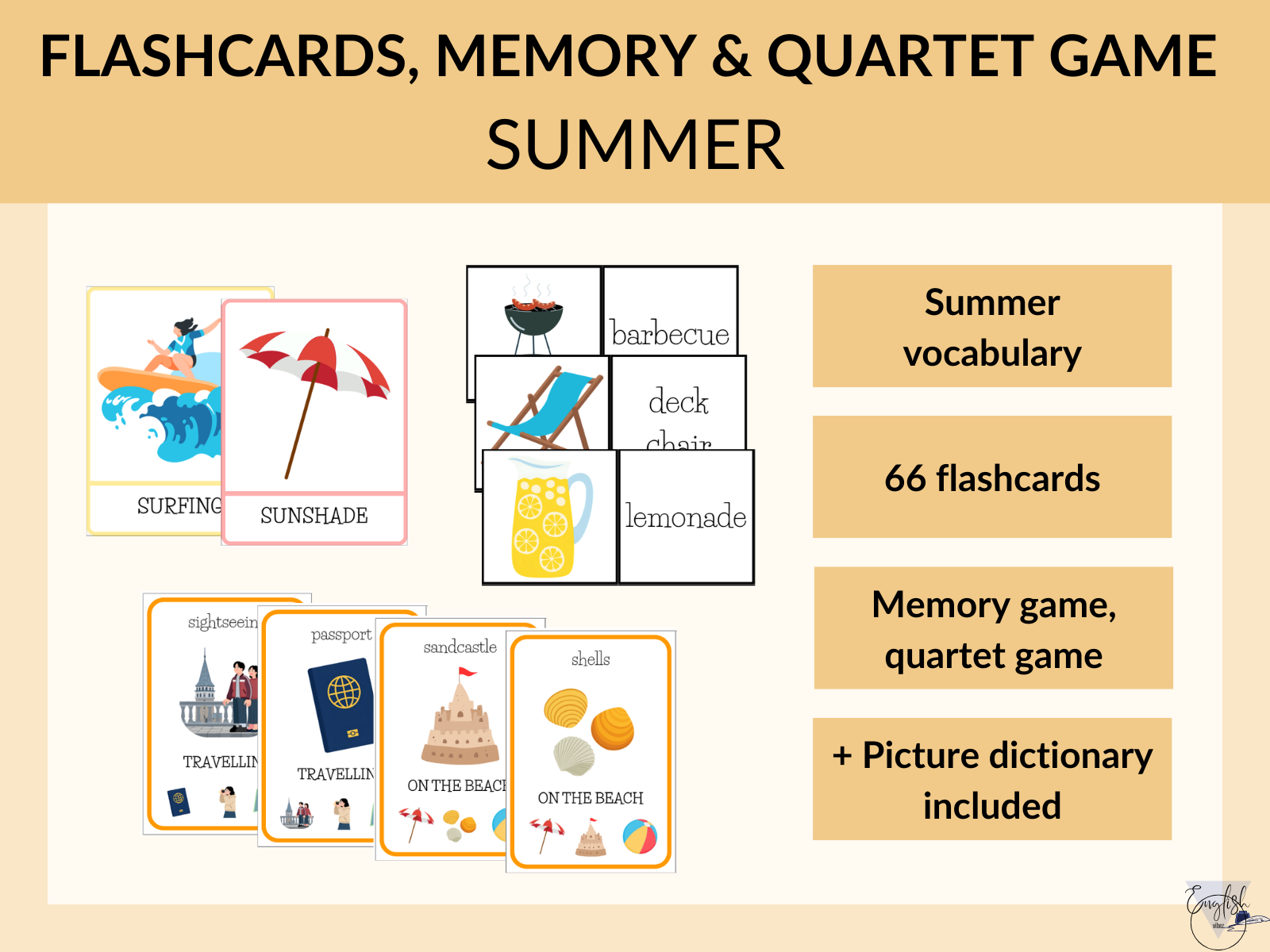 Summer vocabulary flashcards and memory game set