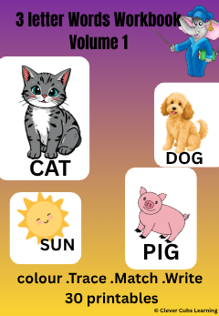 3 letter words workbook cover with cartoon animals
