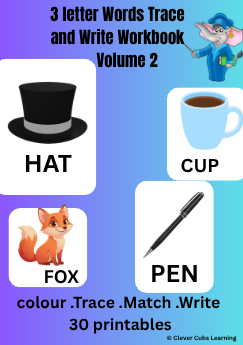 Children’s 3 letter words trace and write workbook cover
