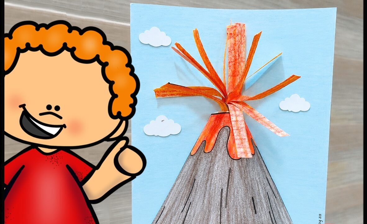 Children’s paper volcano craft with erupting lava
