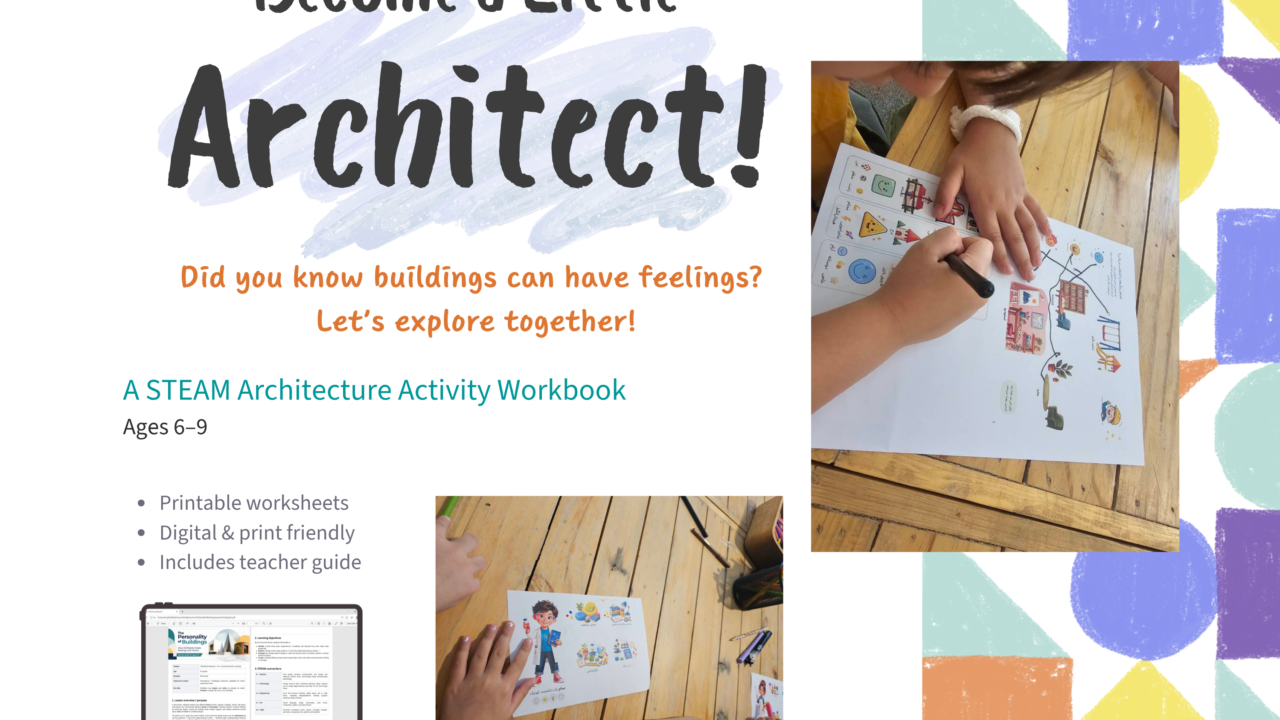 Children using STEAM architecture activity workbook