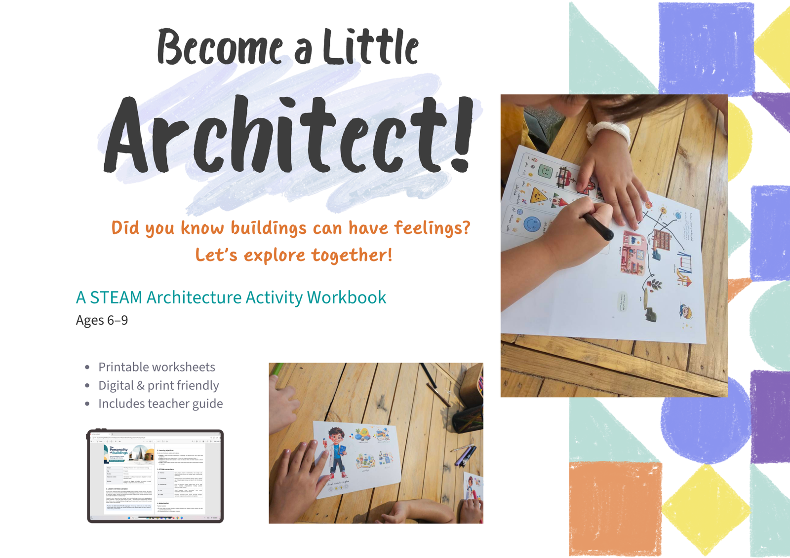 Children using STEAM architecture activity workbook