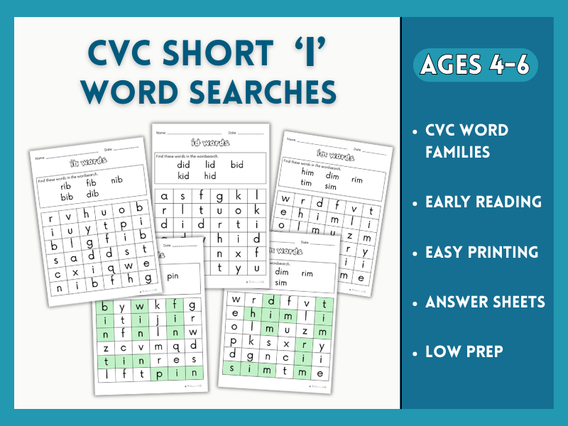 CVC short i word search worksheets