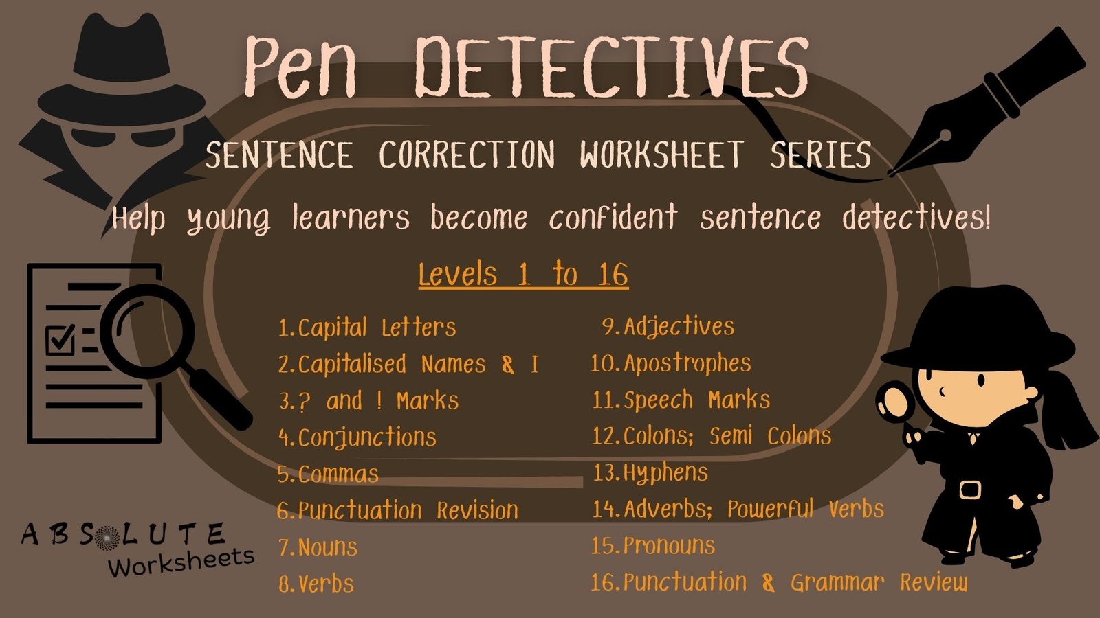Pen Detectives sentence correction worksheet poster