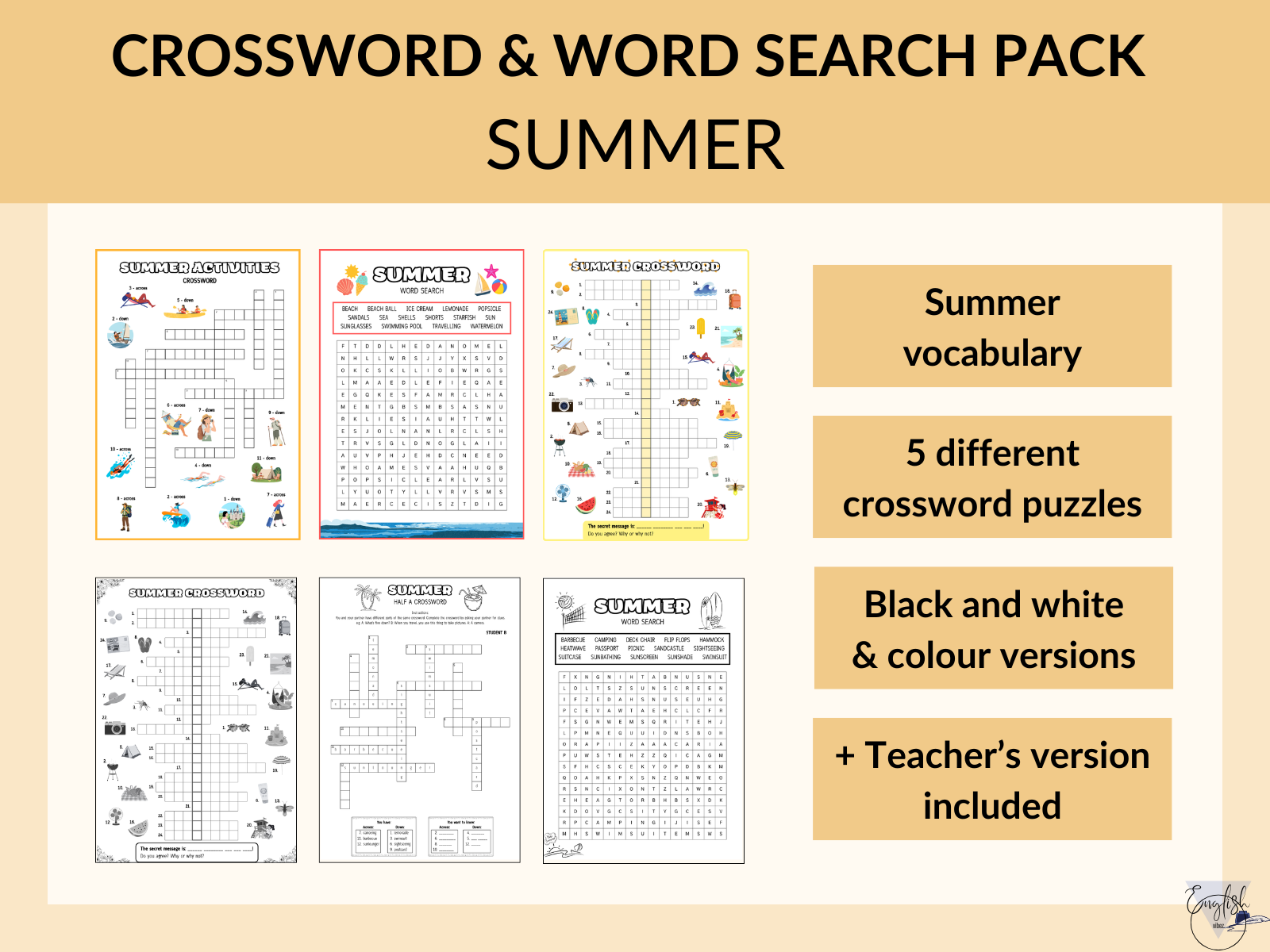 Summer crossword and word search activity pack