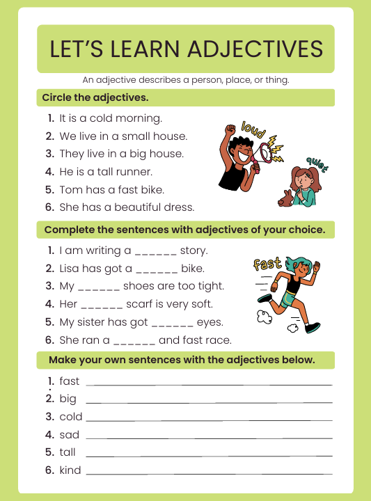Educational poster teaching adjectives with exercises and cartoons