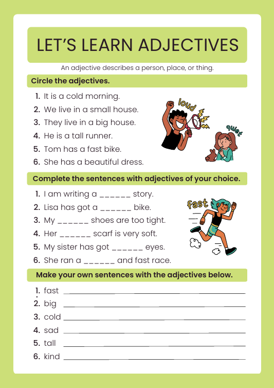 Educational poster teaching adjectives with exercises and cartoons