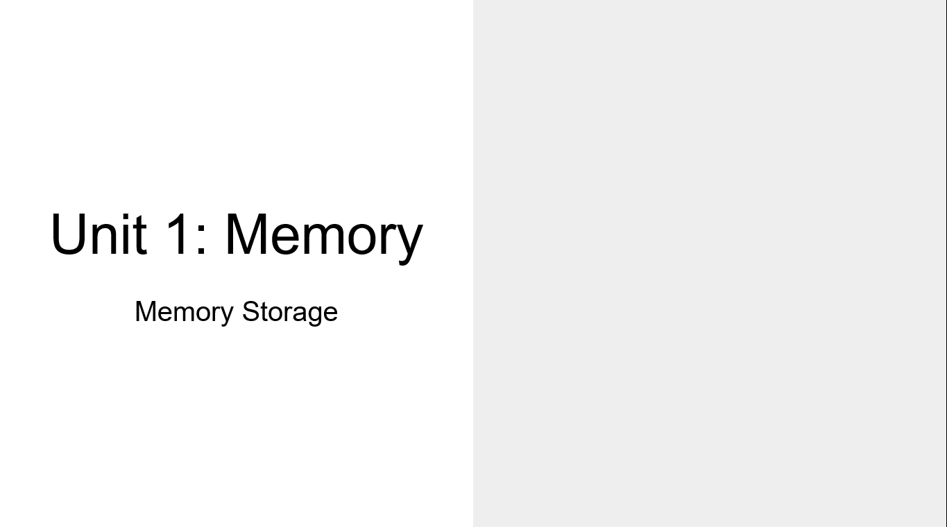 Slide titled Unit 1 Memory Storage
