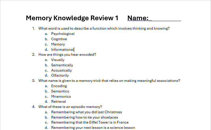 Memory knowledge review worksheet with multiple choice questions