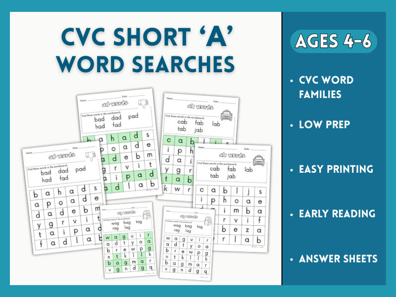 CVC short A word search worksheets for children