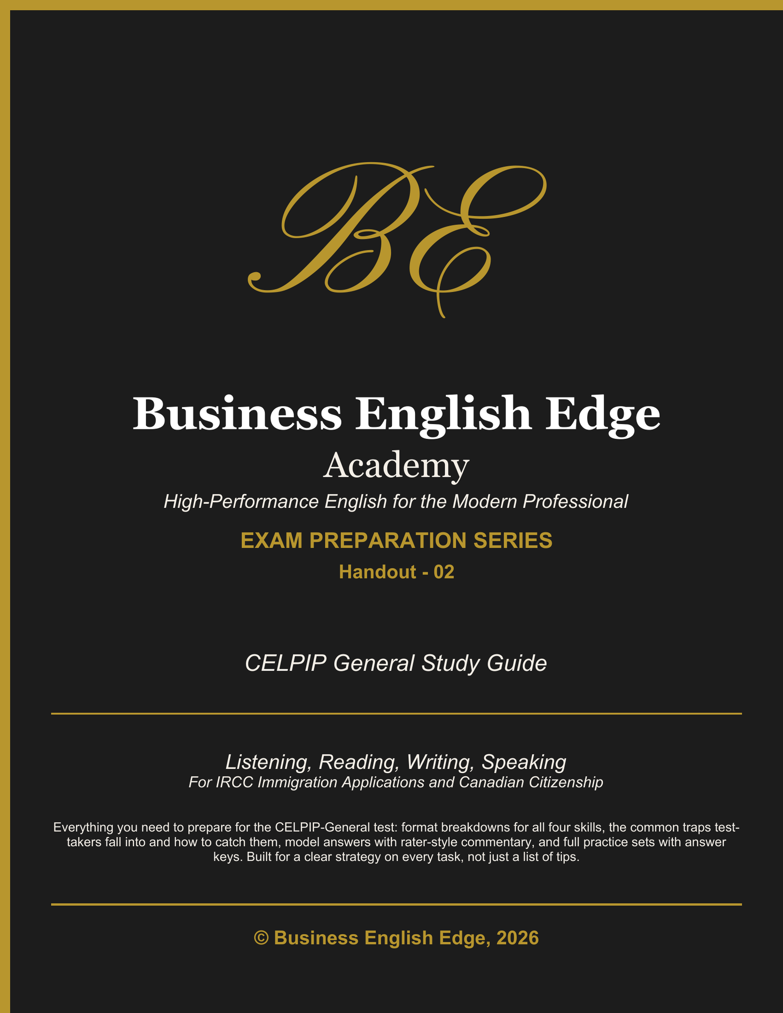 Business English Edge Exam Preparation Series cover for the CELPIP General Study Guide, a PDF for B1-C1+ level professionals