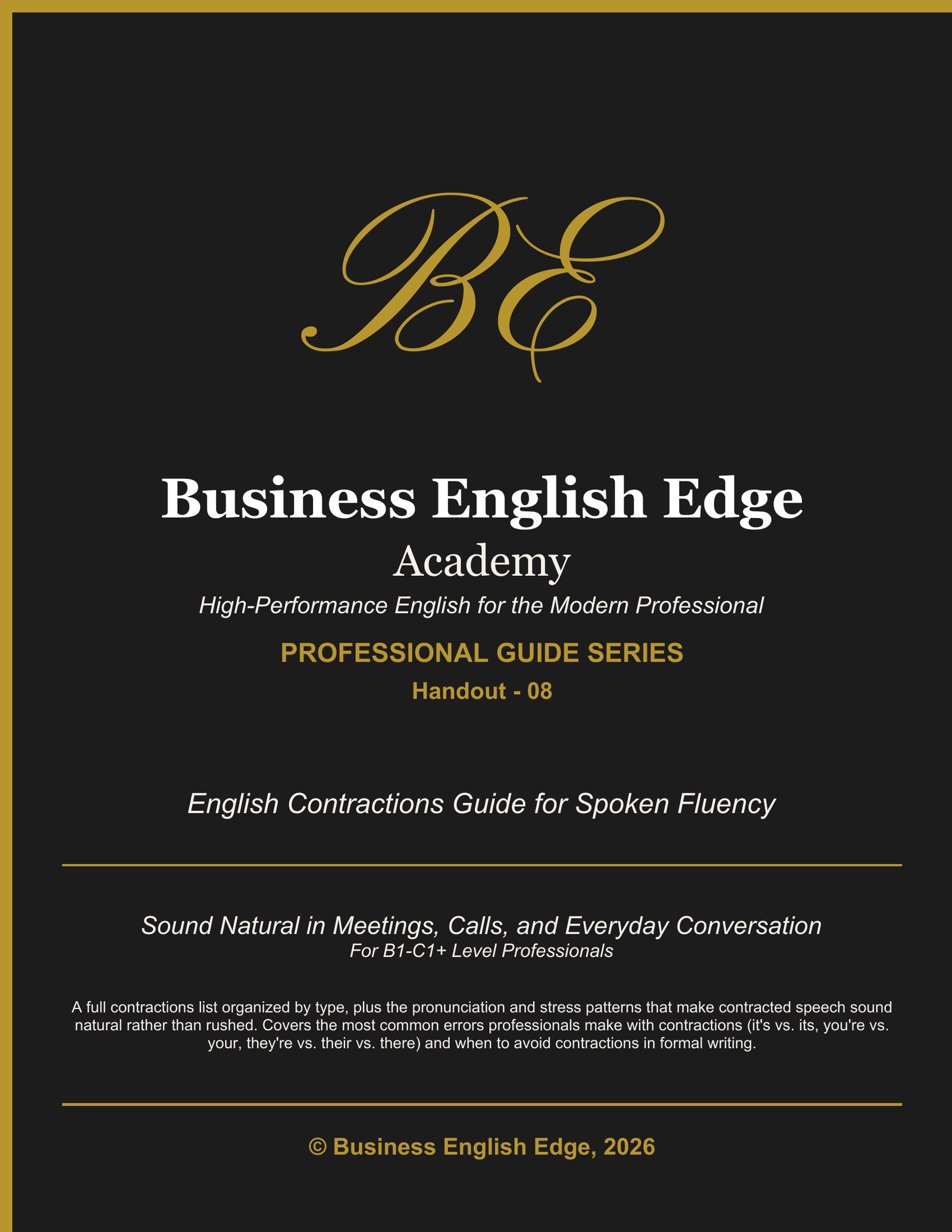 Business English Edge Professional Guide Series cover for the English Contractions Guide for Spoken Fluency, a PDF for B1-C1+ level professionals