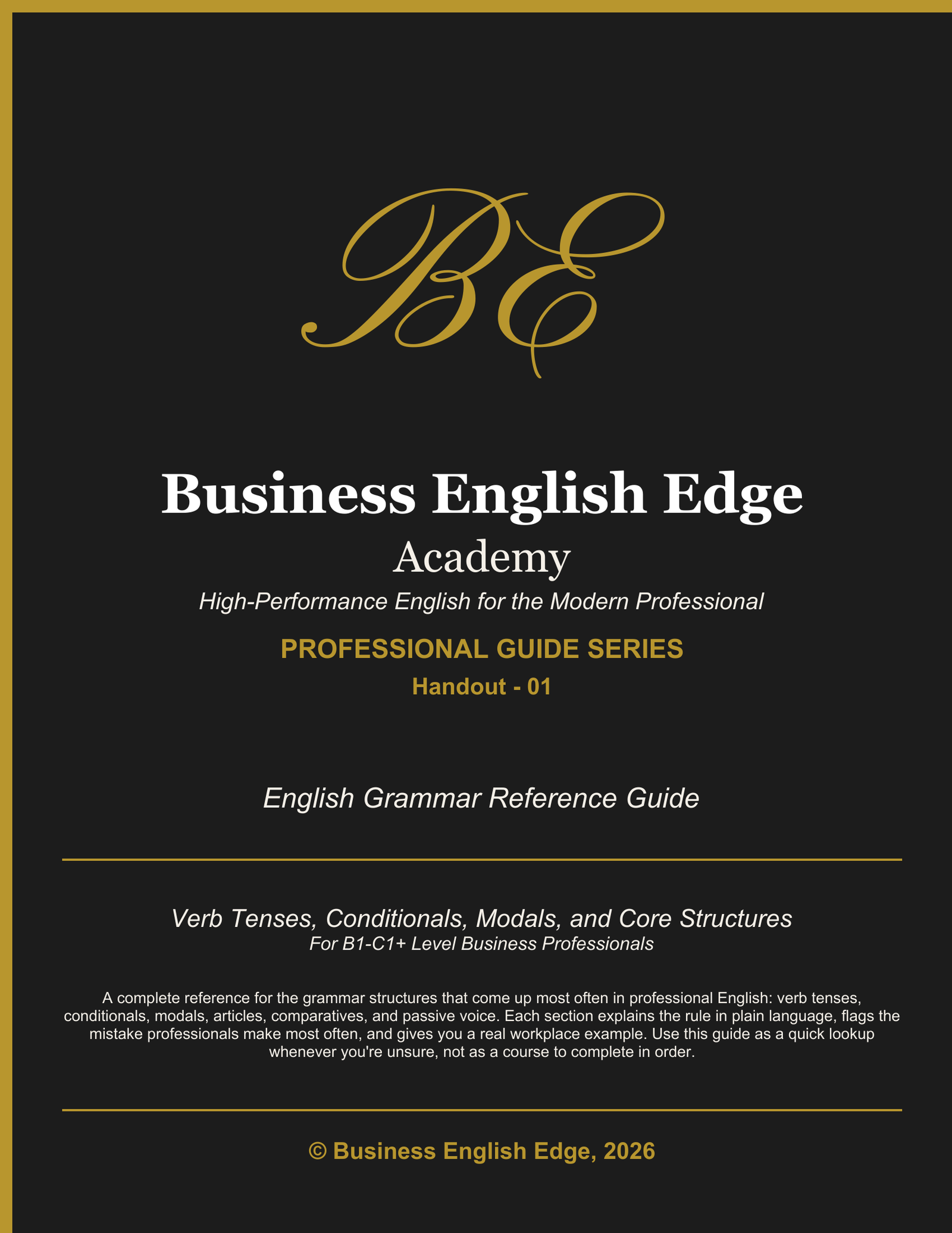 Business English Edge Professional Guide Series cover for the English Grammar Reference Guide, a PDF for B1-C1+ level professionals