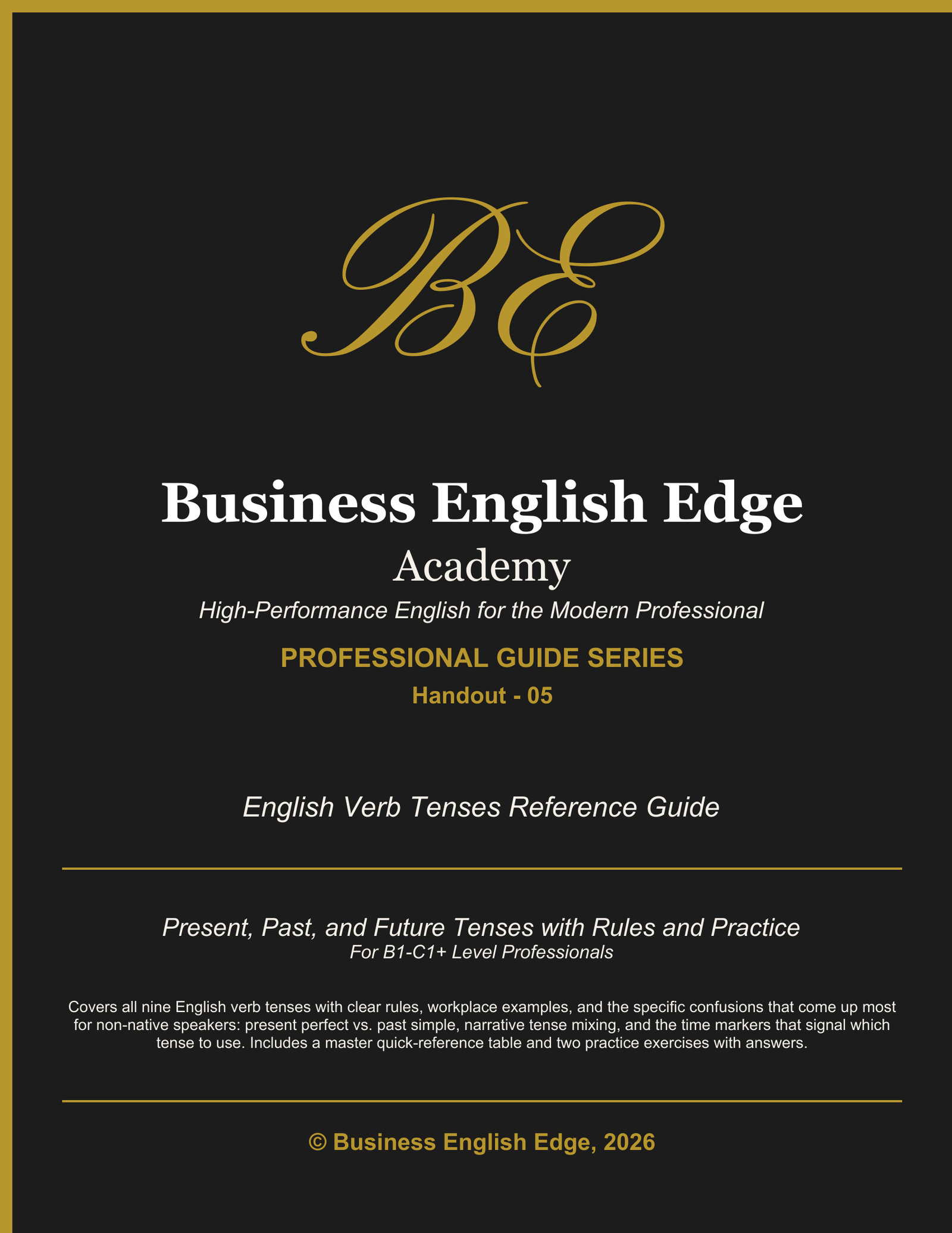 Business English Edge Professional Guide Series cover for the English Verb Tenses Reference Guide, a PDF for B1-C1+ level professionals