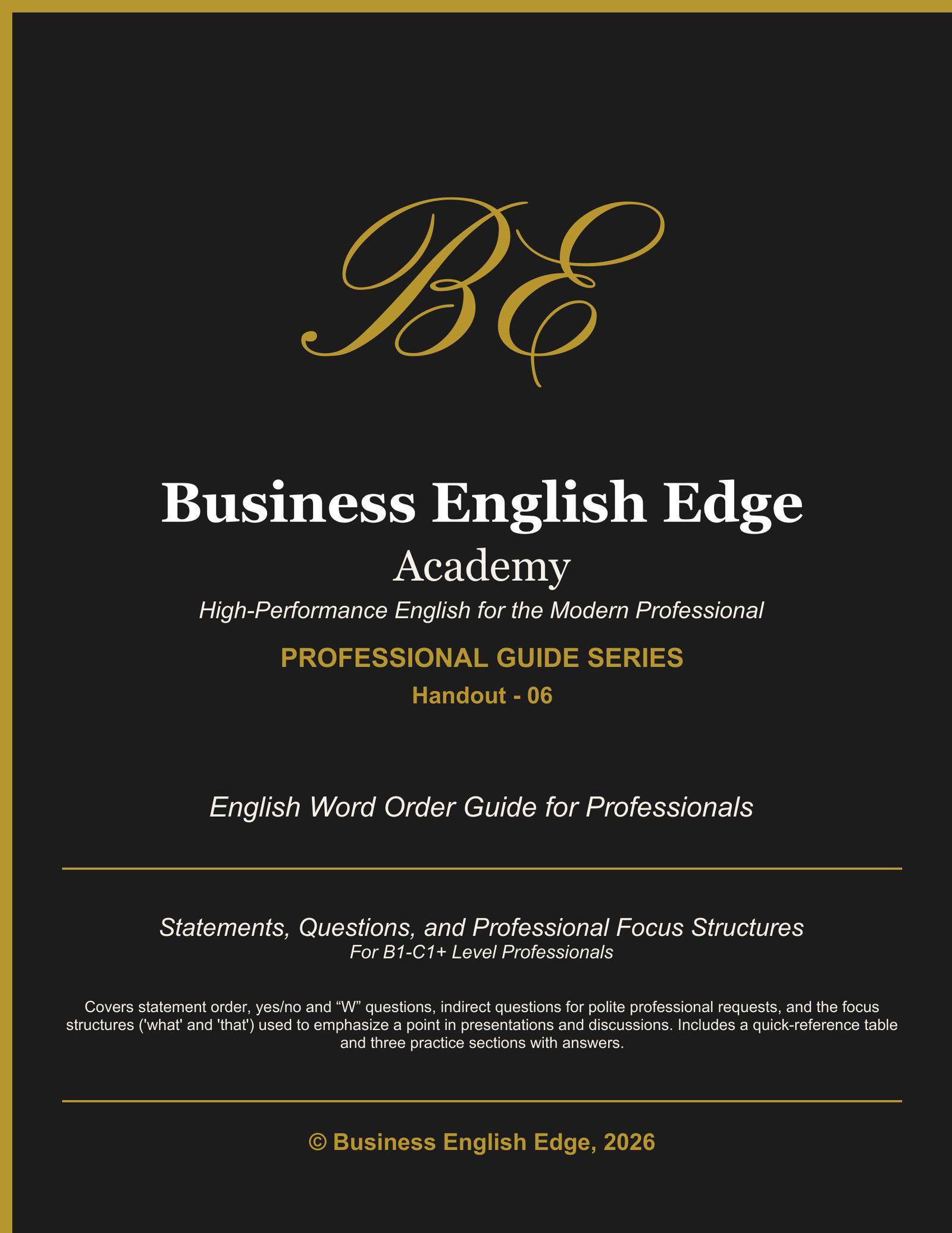 Business English Edge Professional Guide Series cover for the English Word Order Guide for Professionals, a PDF for B1-C1+ level professionals