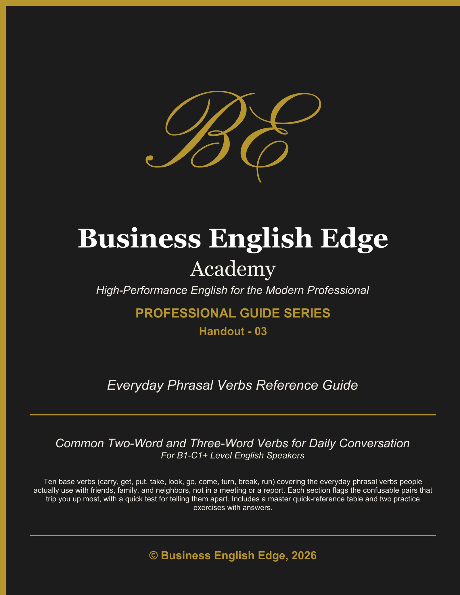 Business English Edge Professional Guide Series cover for the Everyday Phrasal Verbs Reference Guide, a PDF for B1-C1+ level professionals