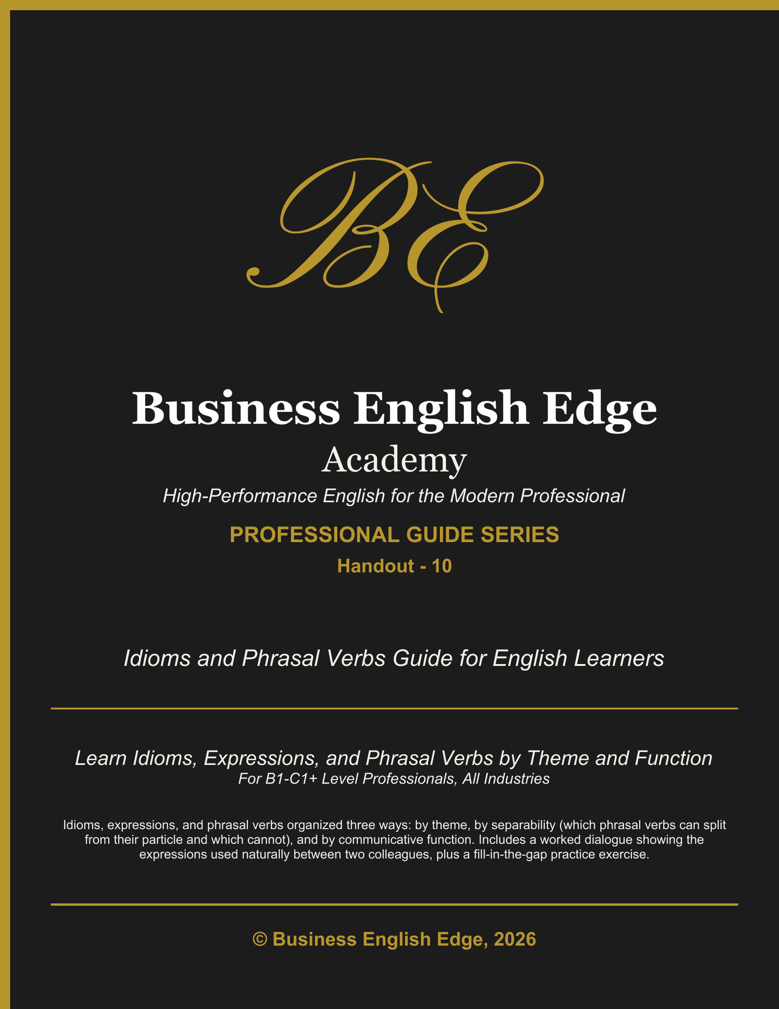 Business English Edge Professional Guide Series cover for the Idioms and Phrasal Verbs Guide for English Learners, a PDF for B1-C1+ level professionals