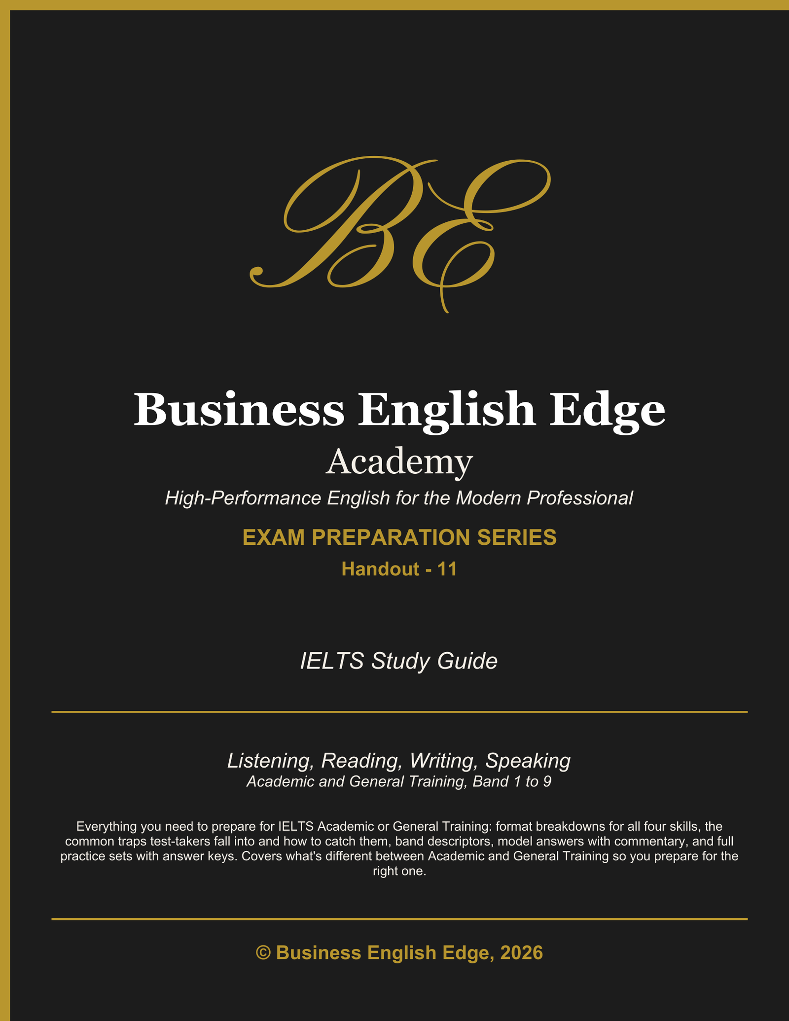 Business English Edge Exam Preparation Series cover for the IELTS Study Guide, a PDF for B1-C1+ level professionals