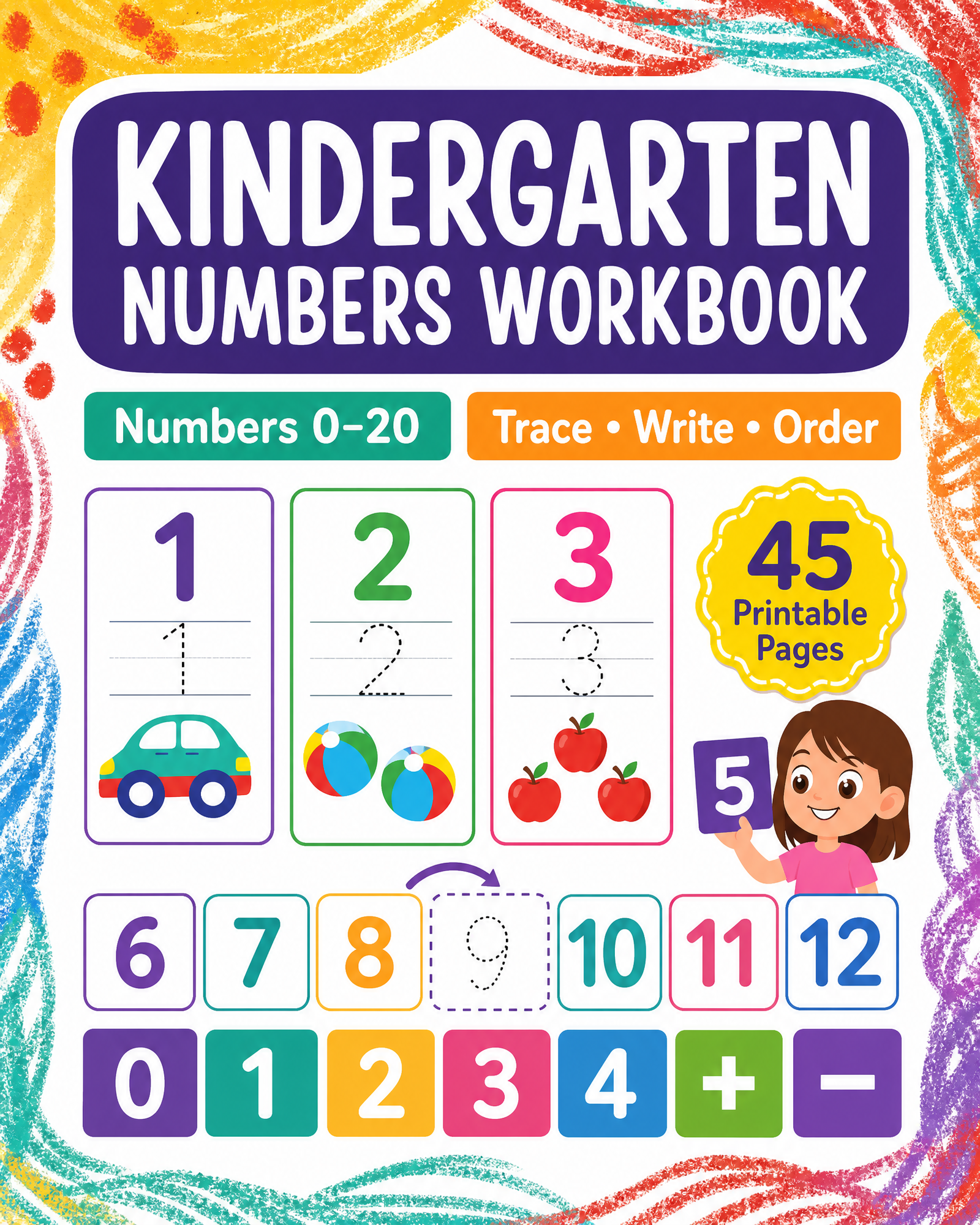Kindergarten Numbers Workbook thumbnail with colourful number cards, dotted tracing examples, counting objects and before-and-after number sequences.