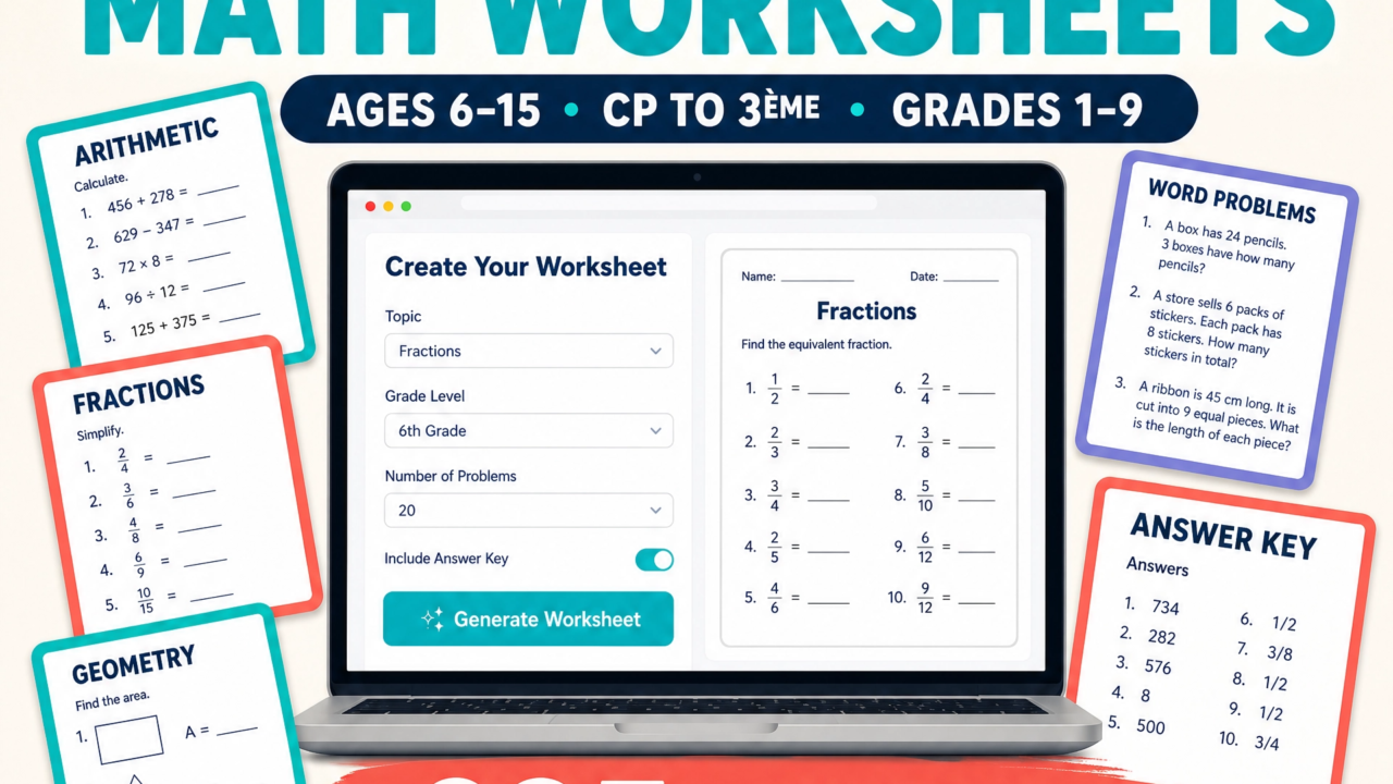 The Math Notebook unlimited math worksheet generator for ages 6 to 15