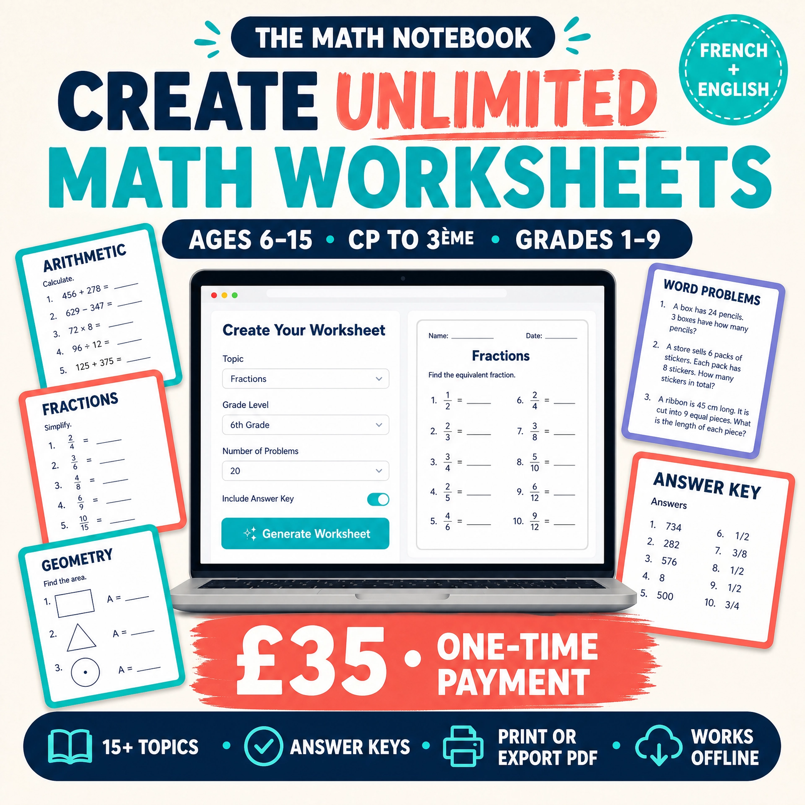 The Math Notebook unlimited math worksheet generator for ages 6 to 15
