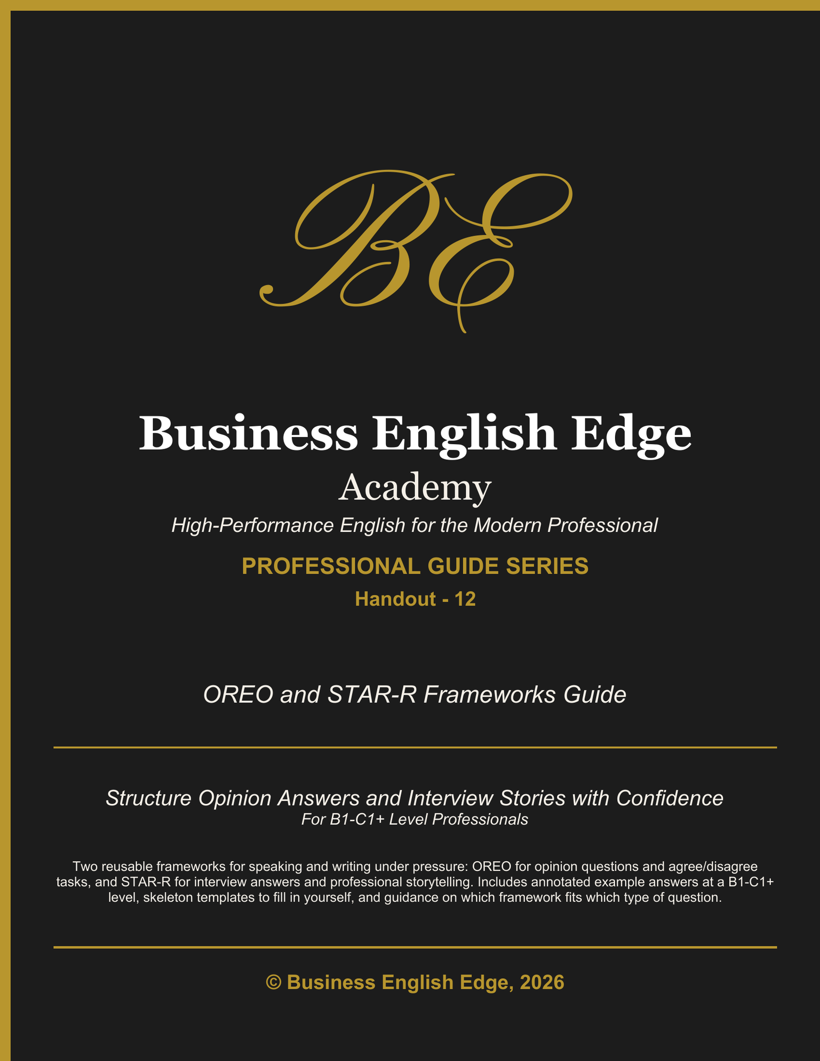 Business English Edge Professional Guide Series cover for the OREO and STAR-R Frameworks Guide, a PDF for B1-C1+ level professionals
