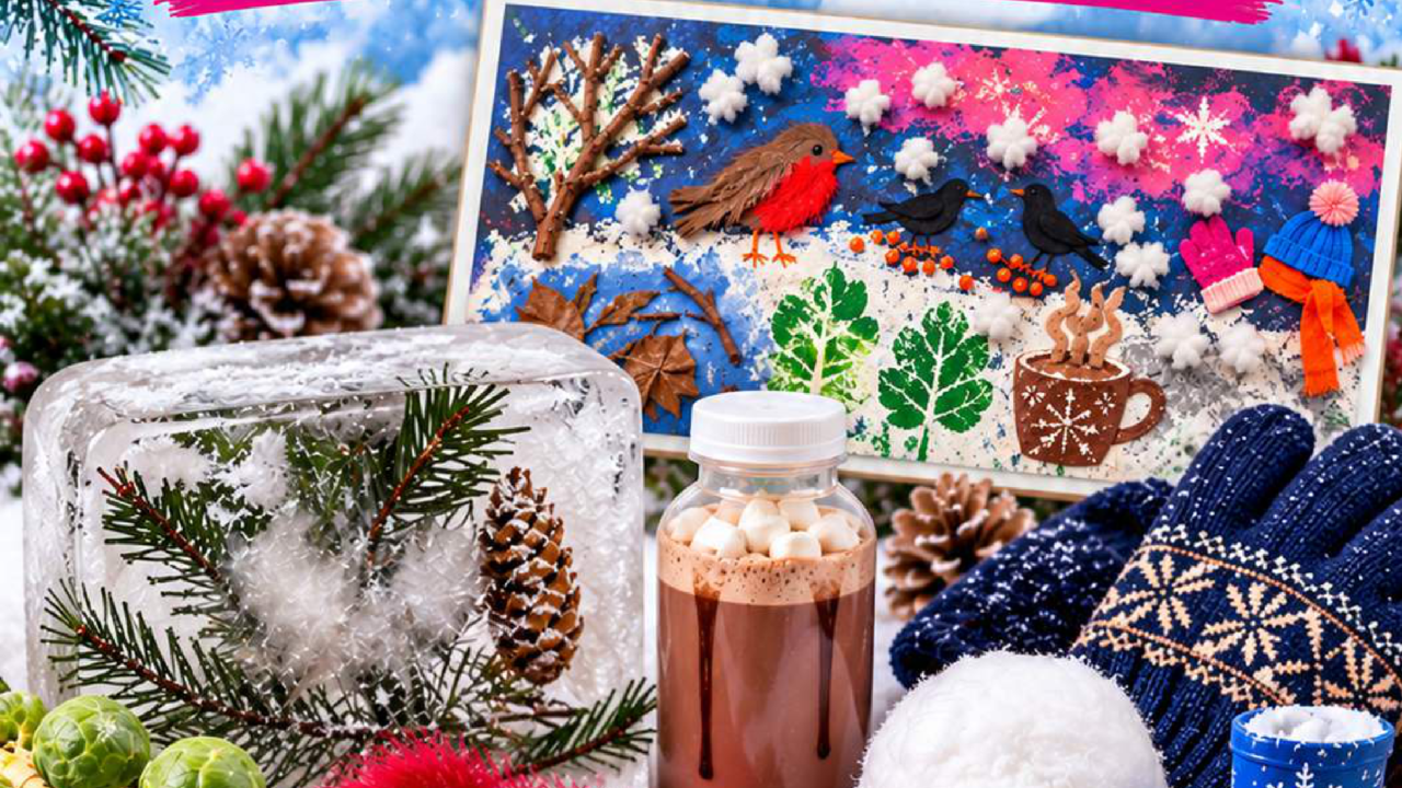 Cover of Winter Sensory Story – Bringing Winter to Life Through the Senses by Rhyming Multisensory Stories. A colourful winter sensory scene features snow-covered foliage, pinecones, Brussels sprouts, a winter sensory art mural, hot chocolate sensory bottle, winter clothing, a snowball, boot and bird sound button. Text highlights PMLD, SEND, inclusive education and Learning & Engagement Outcomes.